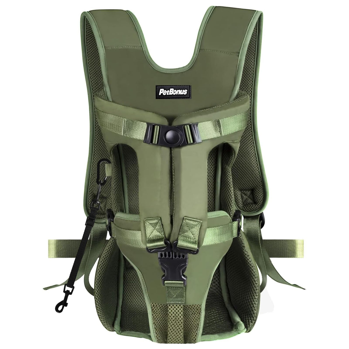 PetBonus front dog carrier army green front view for hands-free hiking