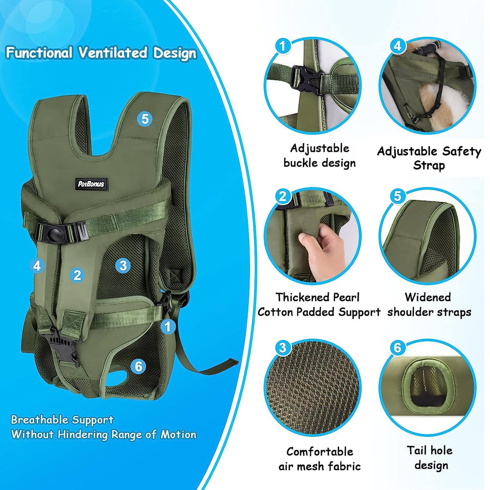 PetBonus army green side view shows front-wearing option for cycling