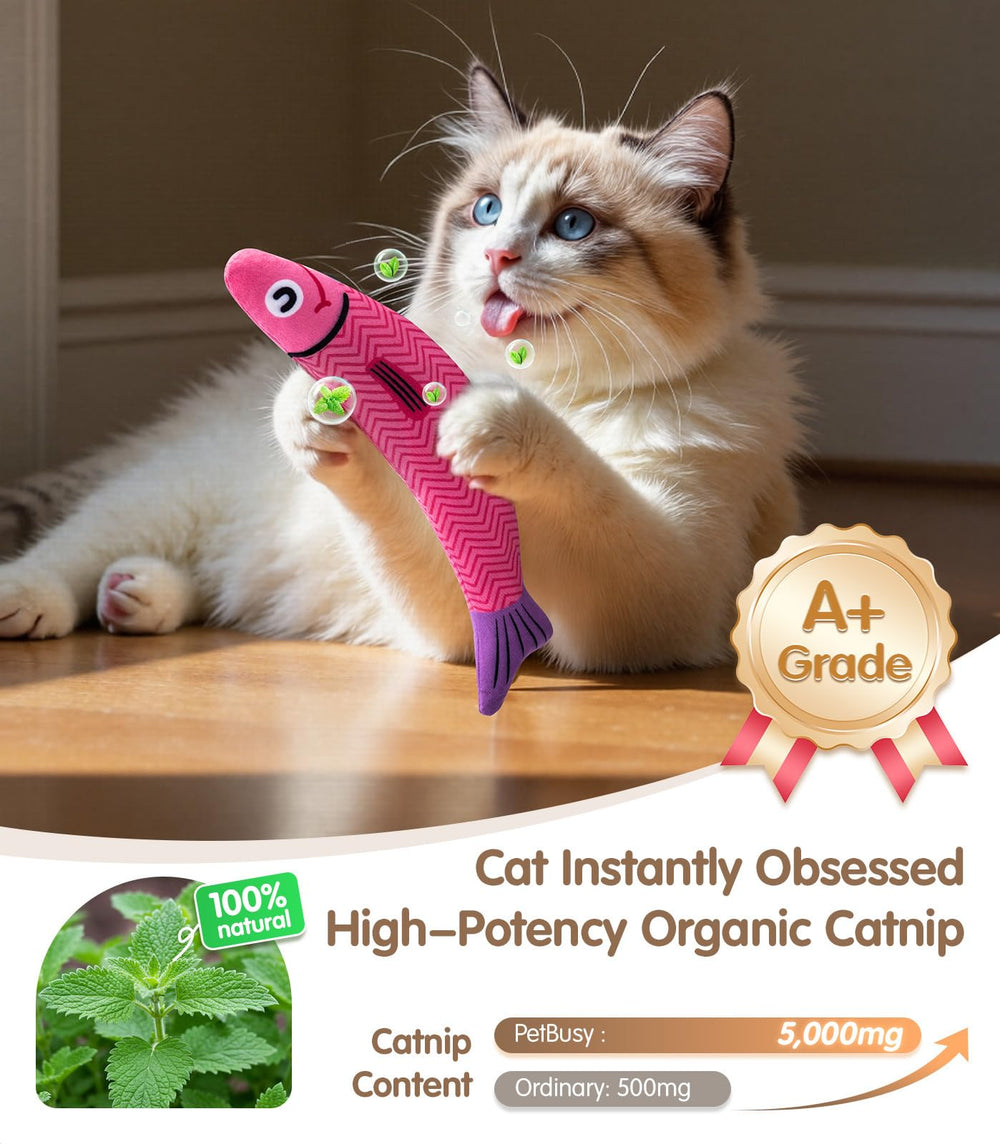 PetBusy catnip crinkle-rattle fish toy stimulates curiosity during chase