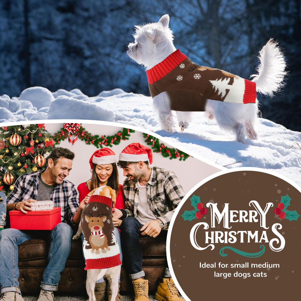 Petcare brown reindeer sweater back view highlighting stretchy fit