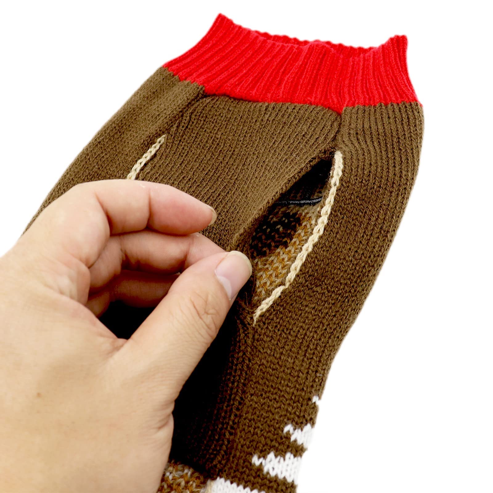 PETCARE Brown Reindeer Sweater care label indicates machine washable convenience.