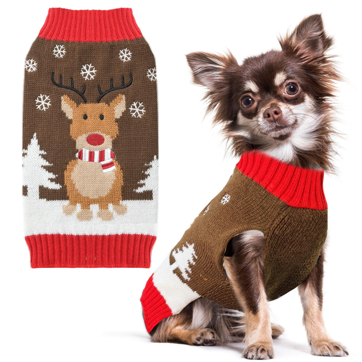 Petcare brown reindeer sweater front view showing festive design and cozy knit