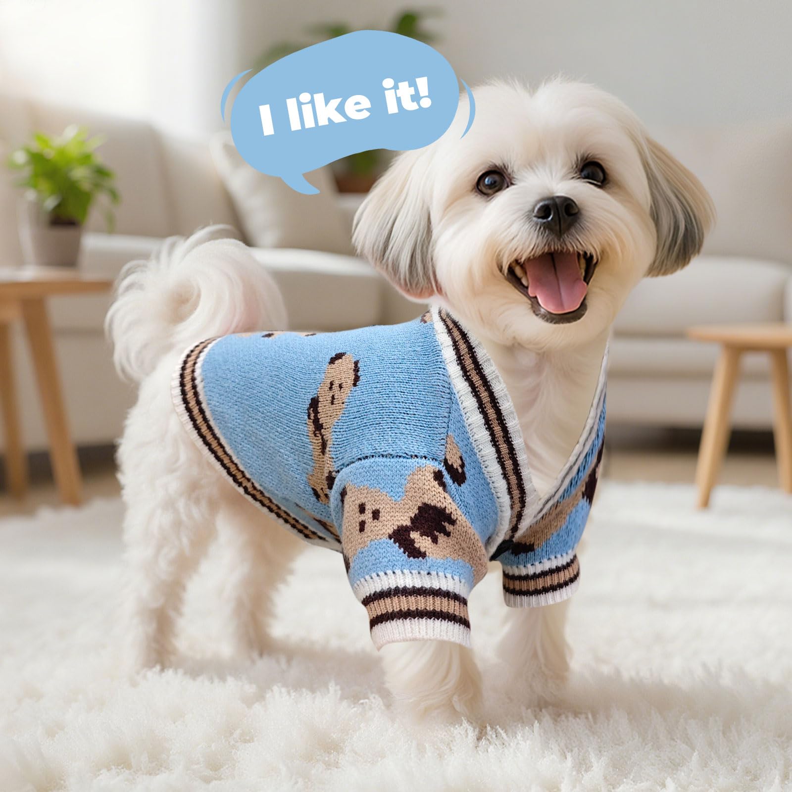 Petcare cardigan-style closure on dog sweater for easy on/off