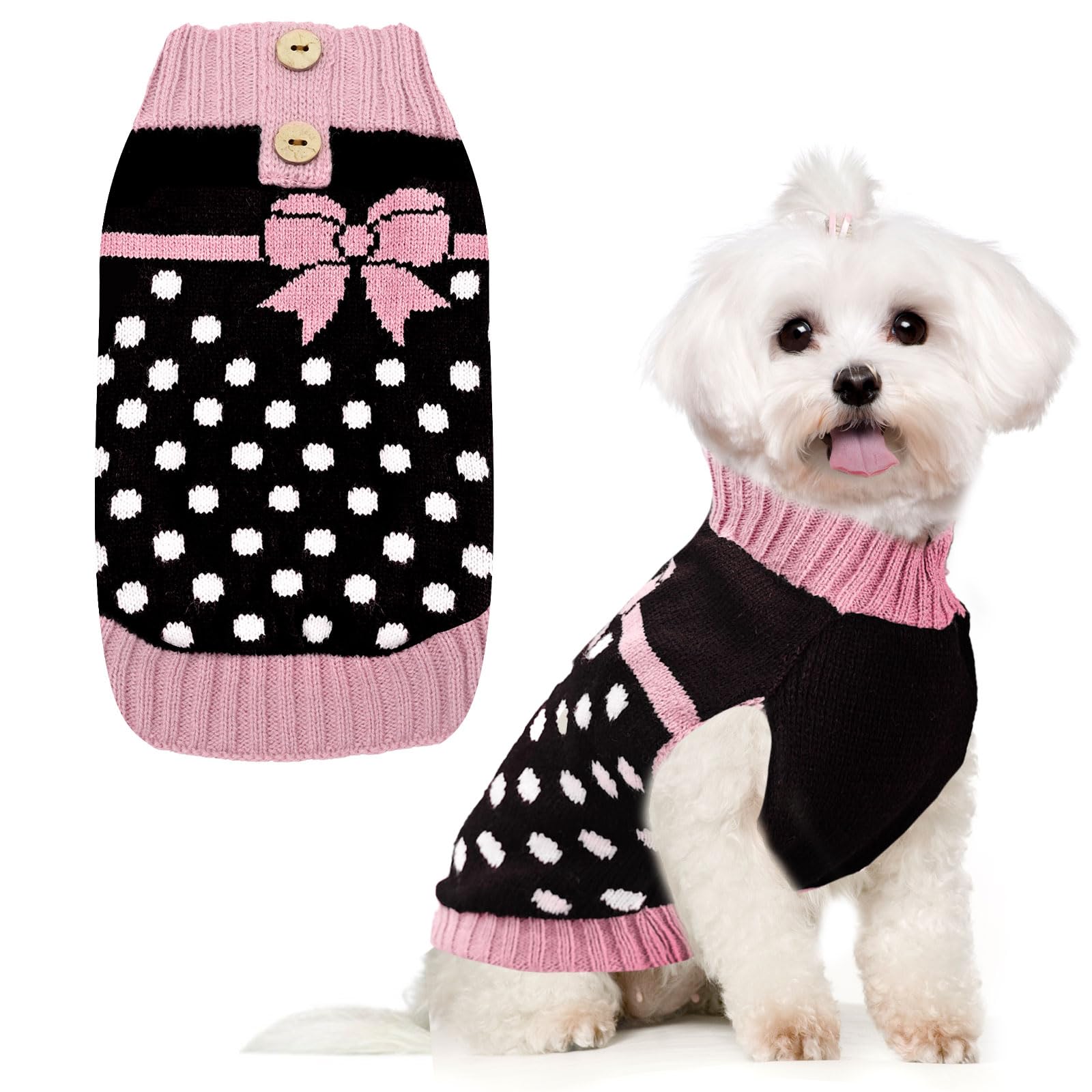 Petcare Cute Dot Dog Sweater with Purple Bowtie front view for cozy autumn outings