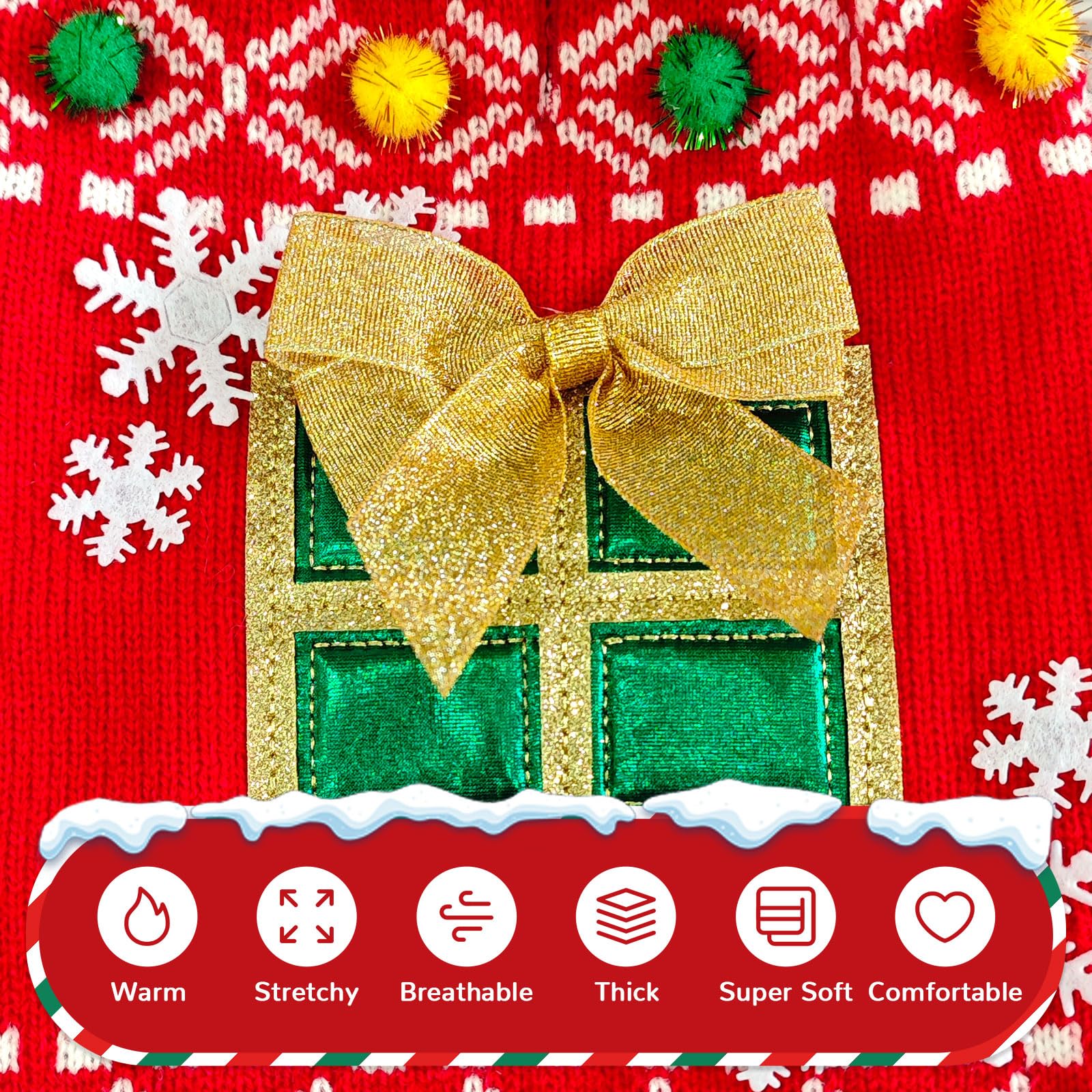 Petcare dog christmas sweater snowflake detail showing knit texture
