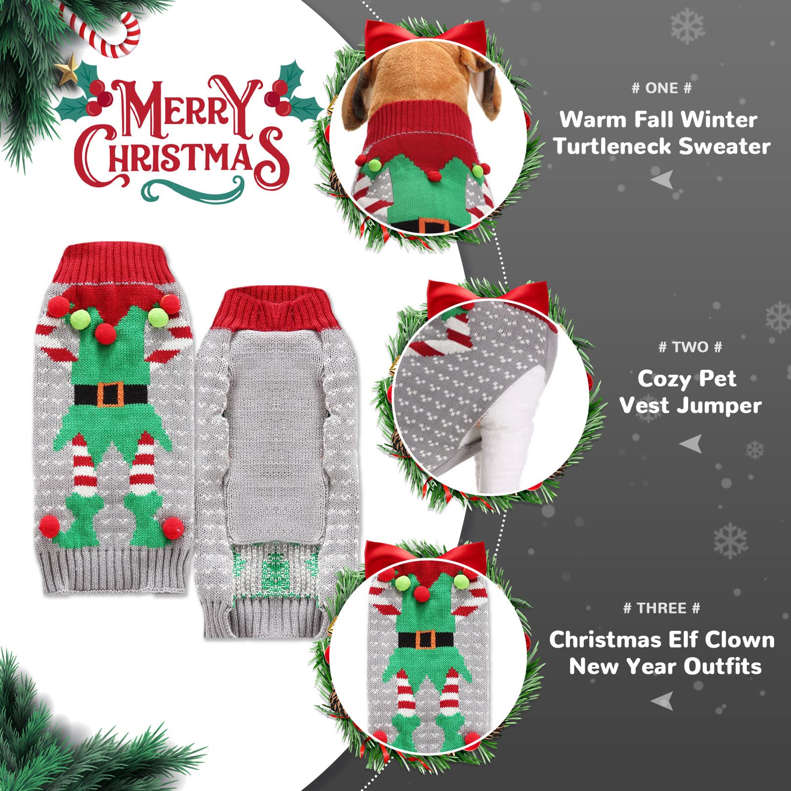 PETCARE dog christmas sweater festive elements show snowflakes and reindeer in detail.