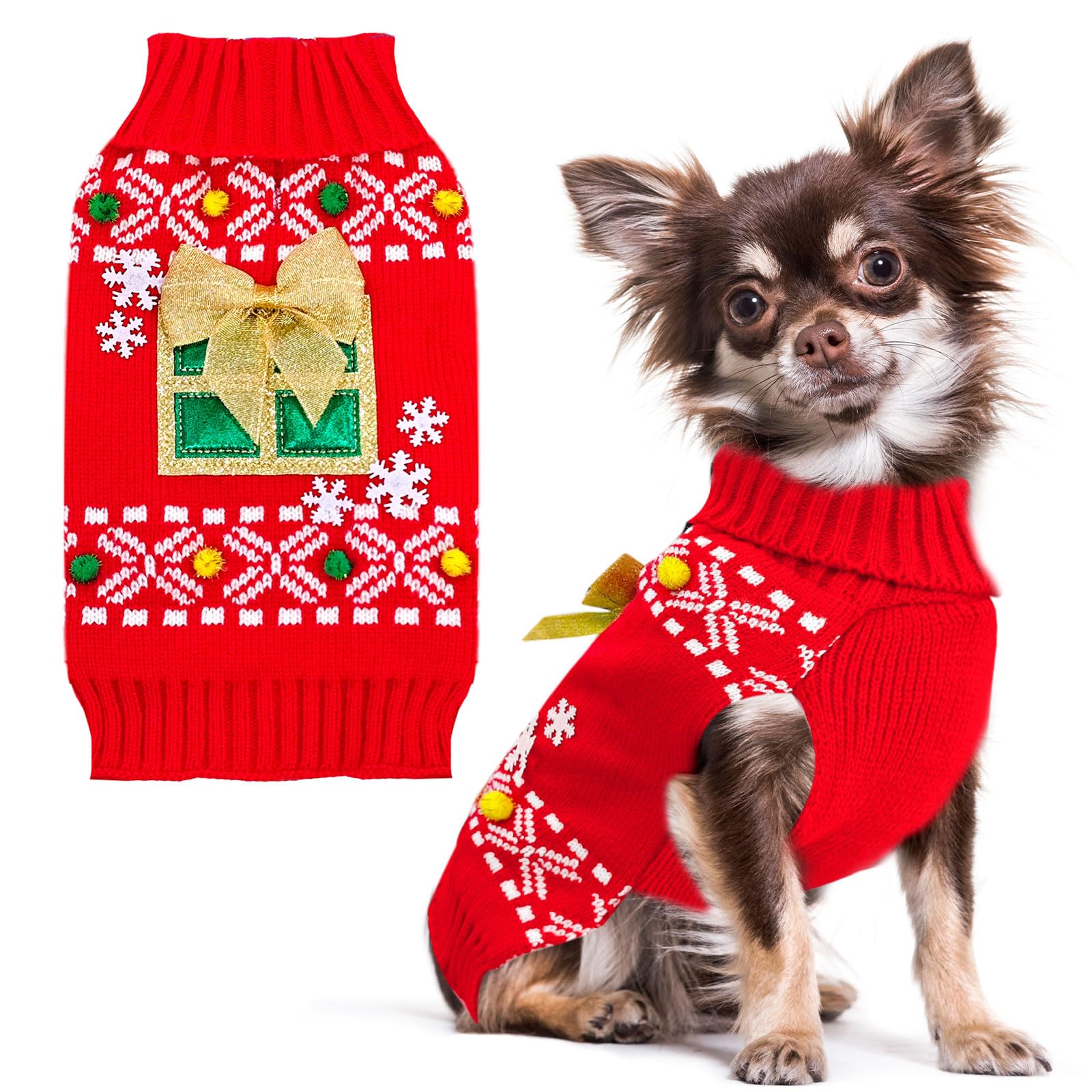 Petcare dog christmas sweater on red present, festive photo-ready look