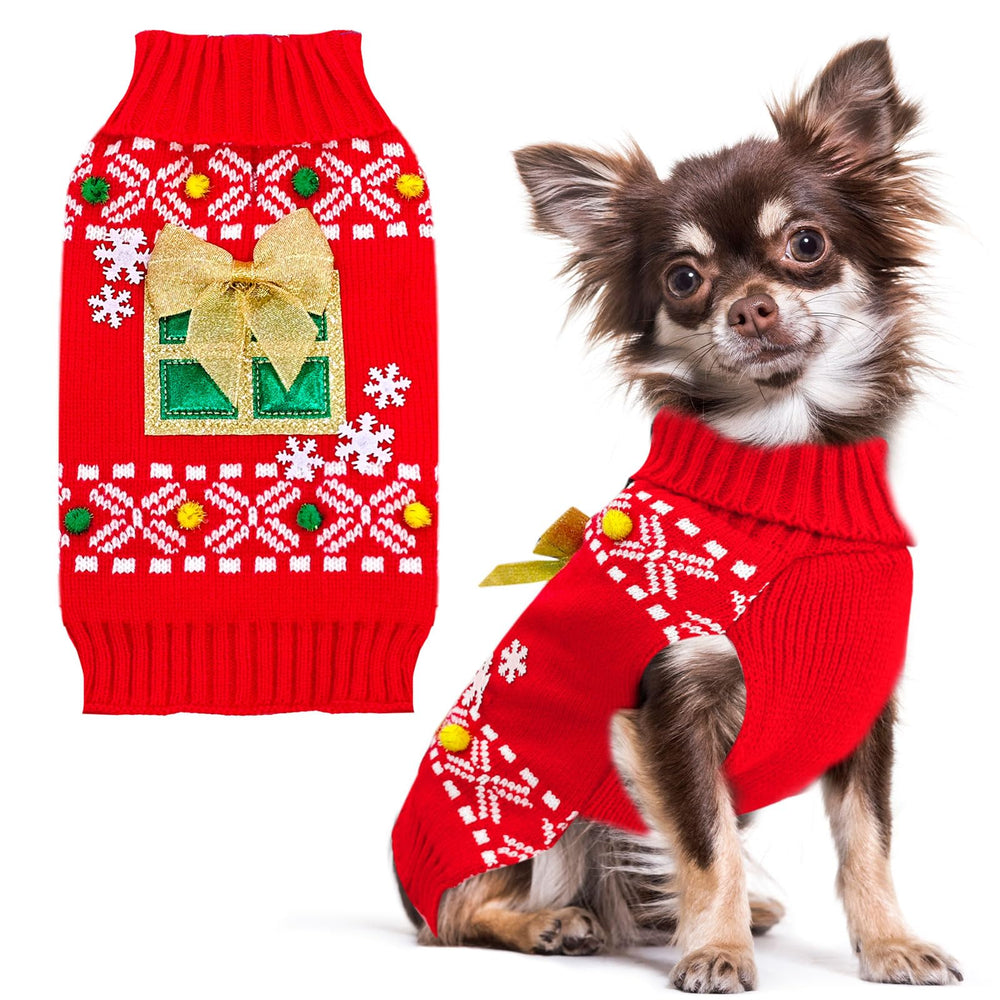 Petcare dog christmas sweater on red present, festive photo-ready look