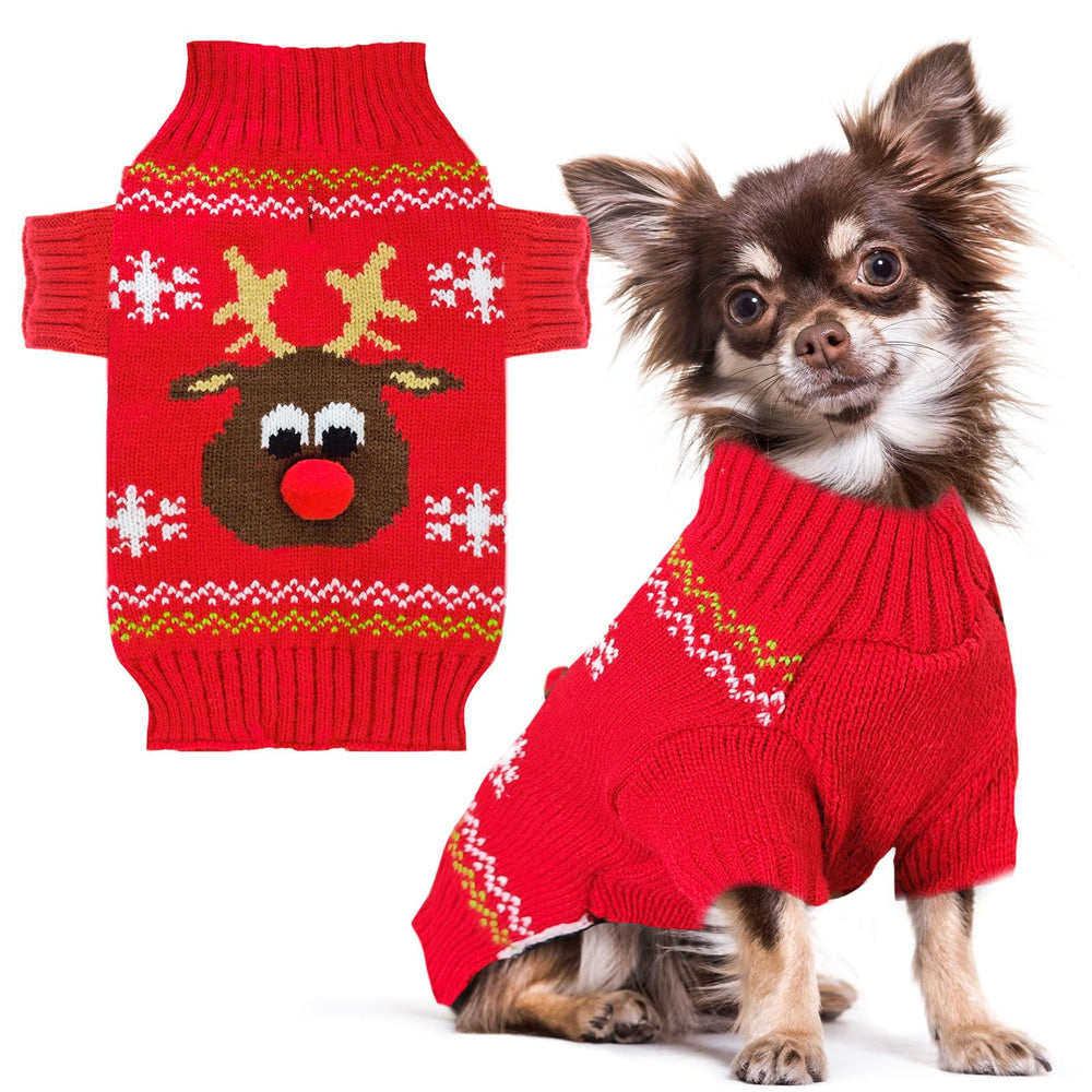 Petcare dog Christmas sweater red ugly cartoon reindeer front view for festive look