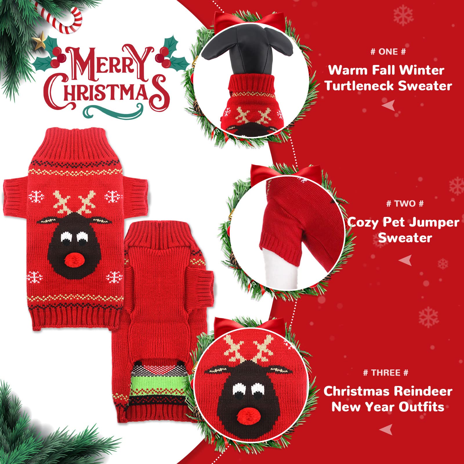 Petcare dog Christmas sweater with reindeer under tree scene for family photos
