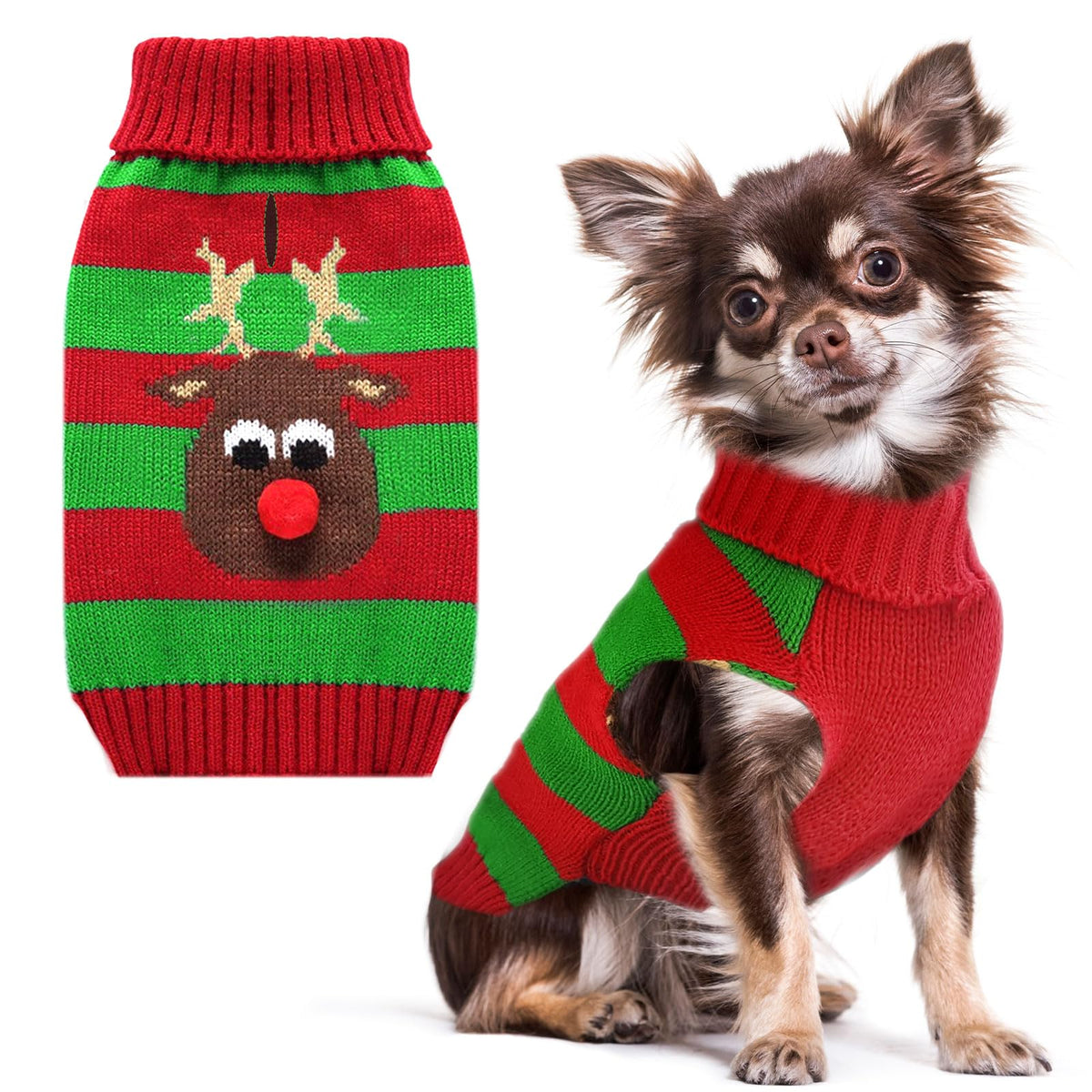 Petcare Dog Christmas Sweater with striped-reindeer pattern for festive photos