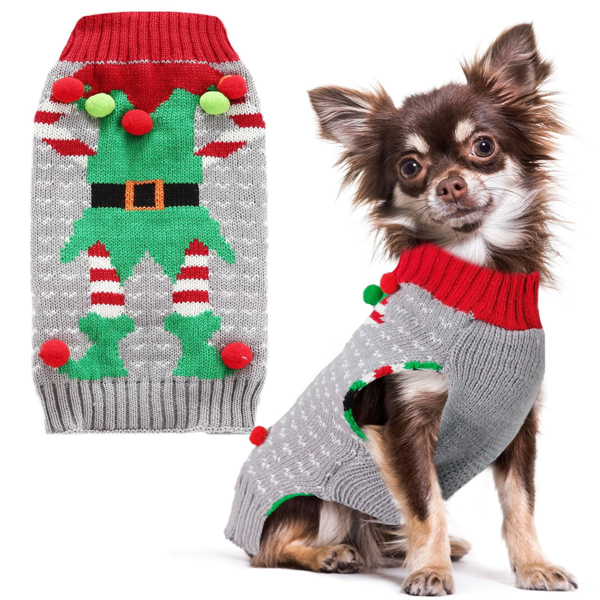 Petcare dog christmas sweater Ugly Elf pattern enhances festive look for photos and parties.