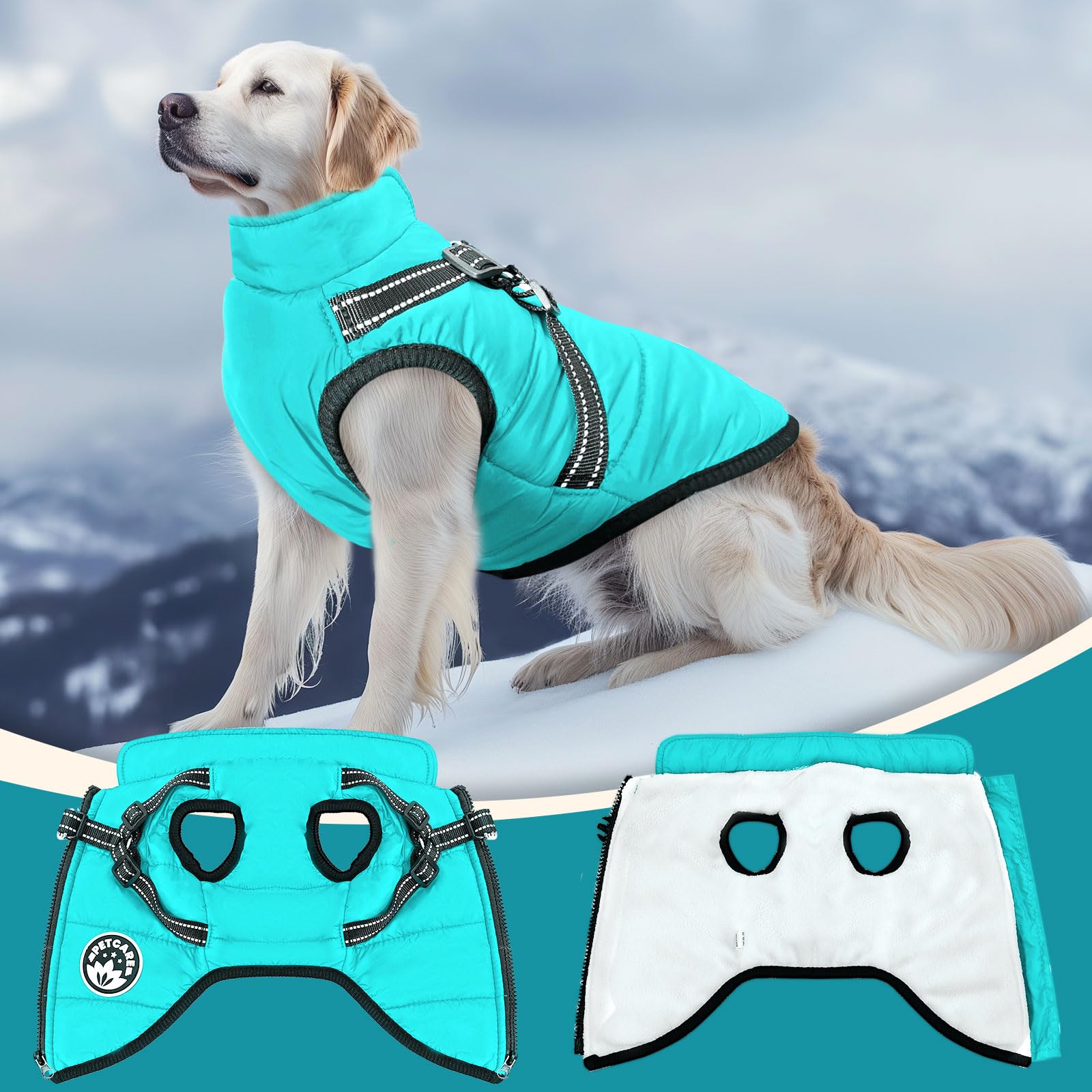 Petcare winter coat offered in 8 sizes with chest girth-focused fit.