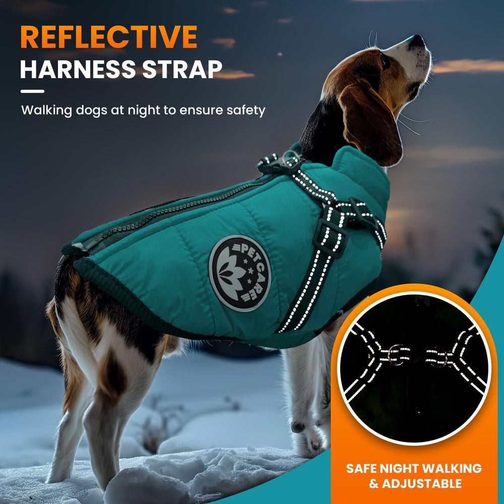 Petcare dog coat with built-in harness for easy dressing and safe walks.