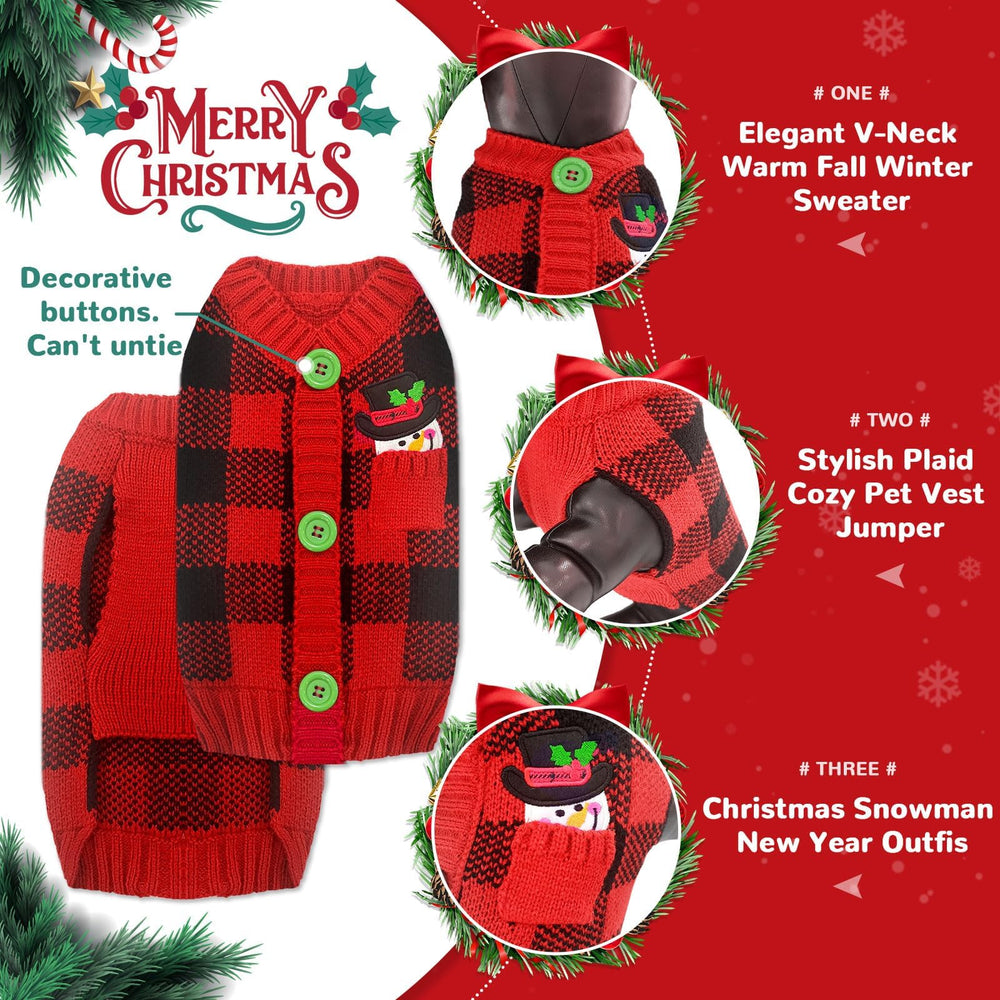 PETCARE Dog Snowman Embellishment on red plaid sweater adds festive charm.