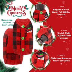 PETCARE Dog Snowman Embellishment on red plaid sweater adds festive charm.