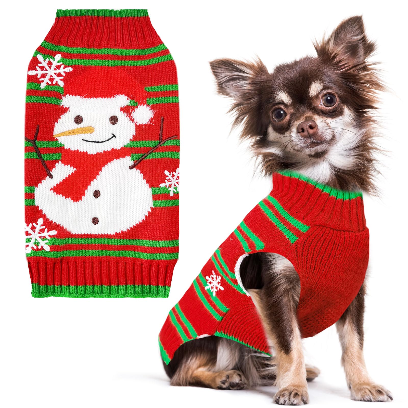 PETCARE Red Snowman Dog Sweater front view with festive snowman motif for photos.