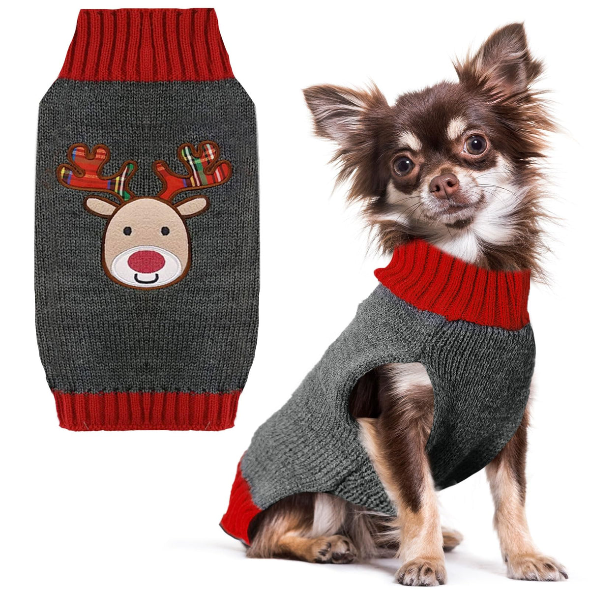 Petcare Reindeer Christmas Dog Sweater Gray front — cozy warmth for holiday walks.