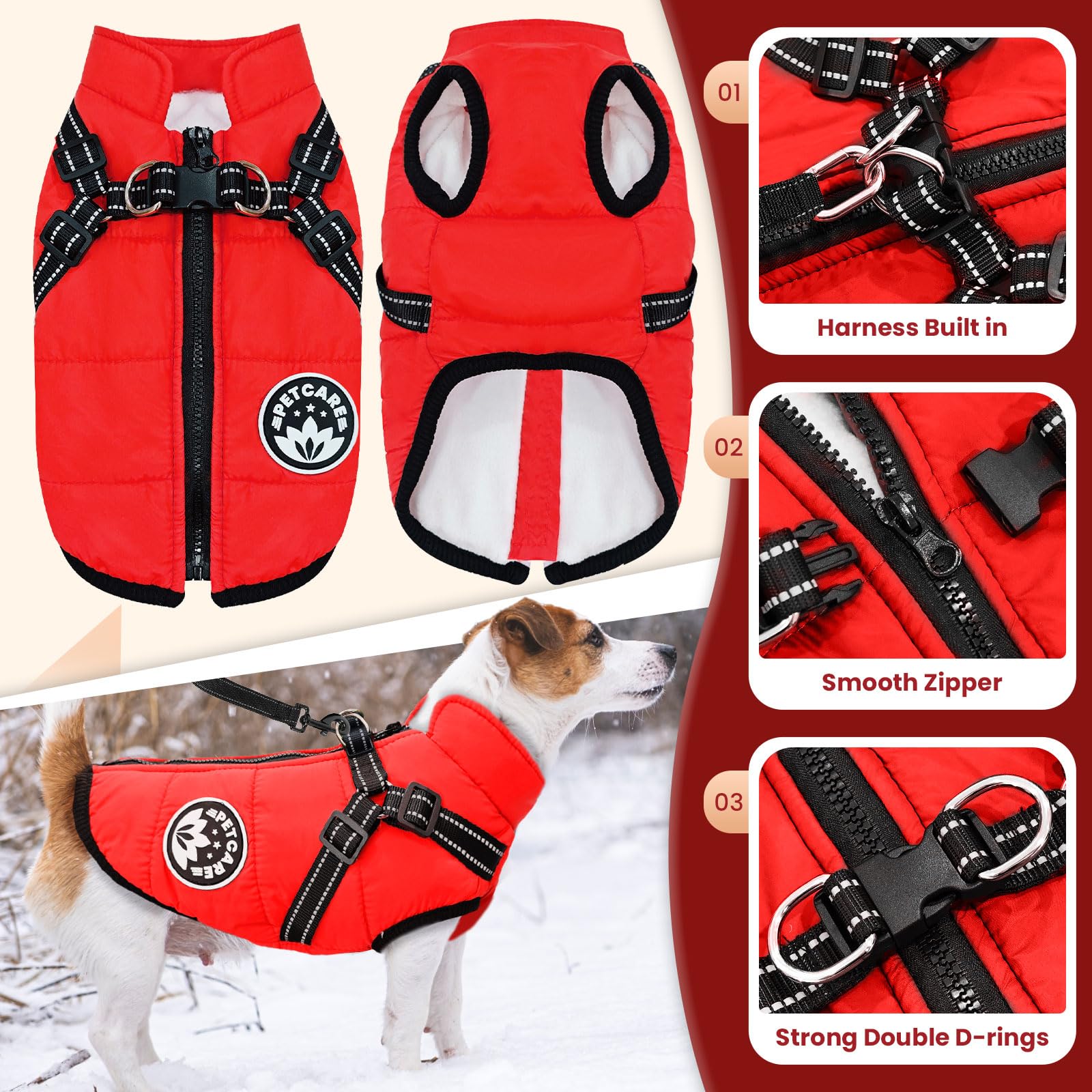 Petcare Winter Dog Coat with Harness built-in fleece lining feels warm and comfortable