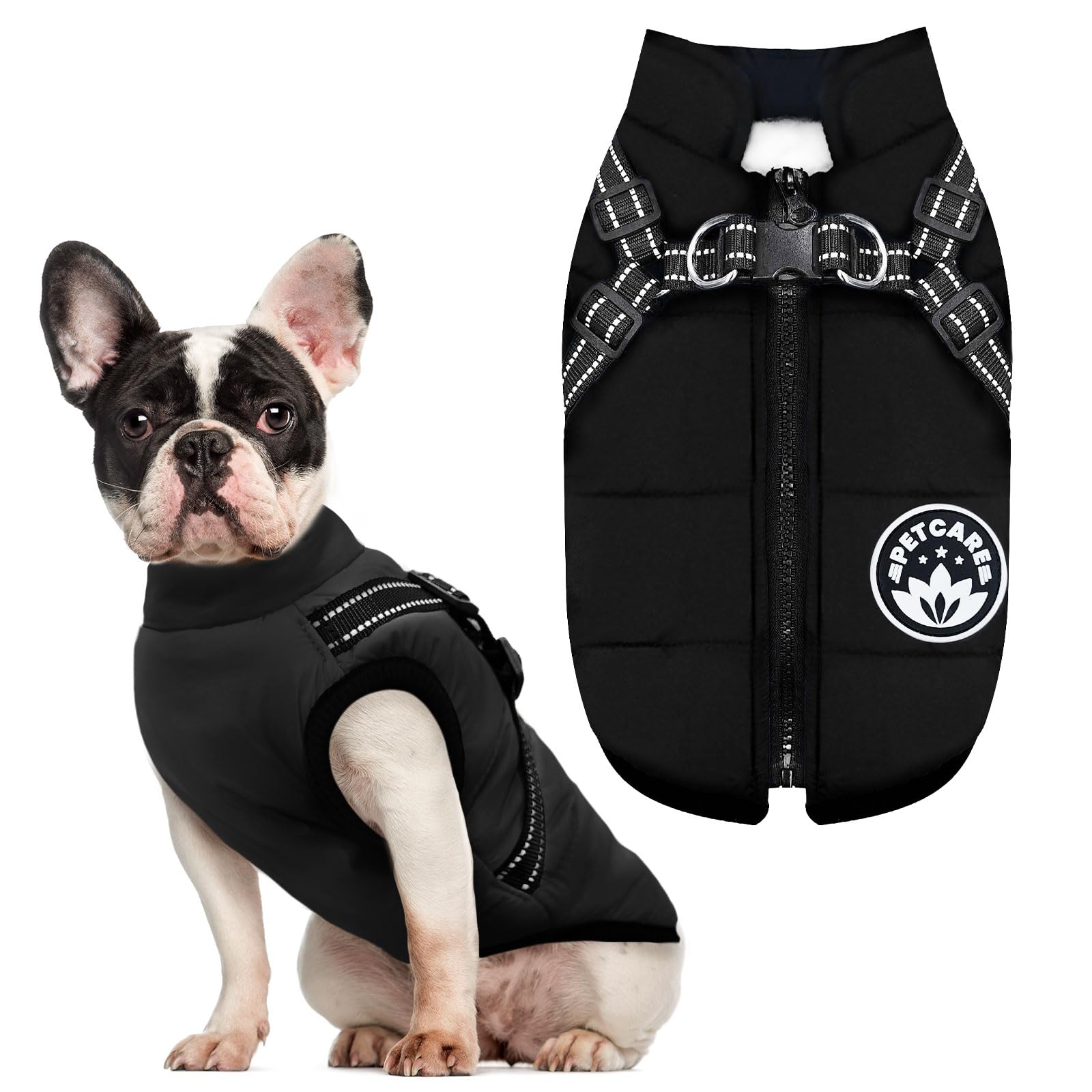 Petcare Winter Dog Coat with Harness built-in, front view showing secure fit for winter walks.