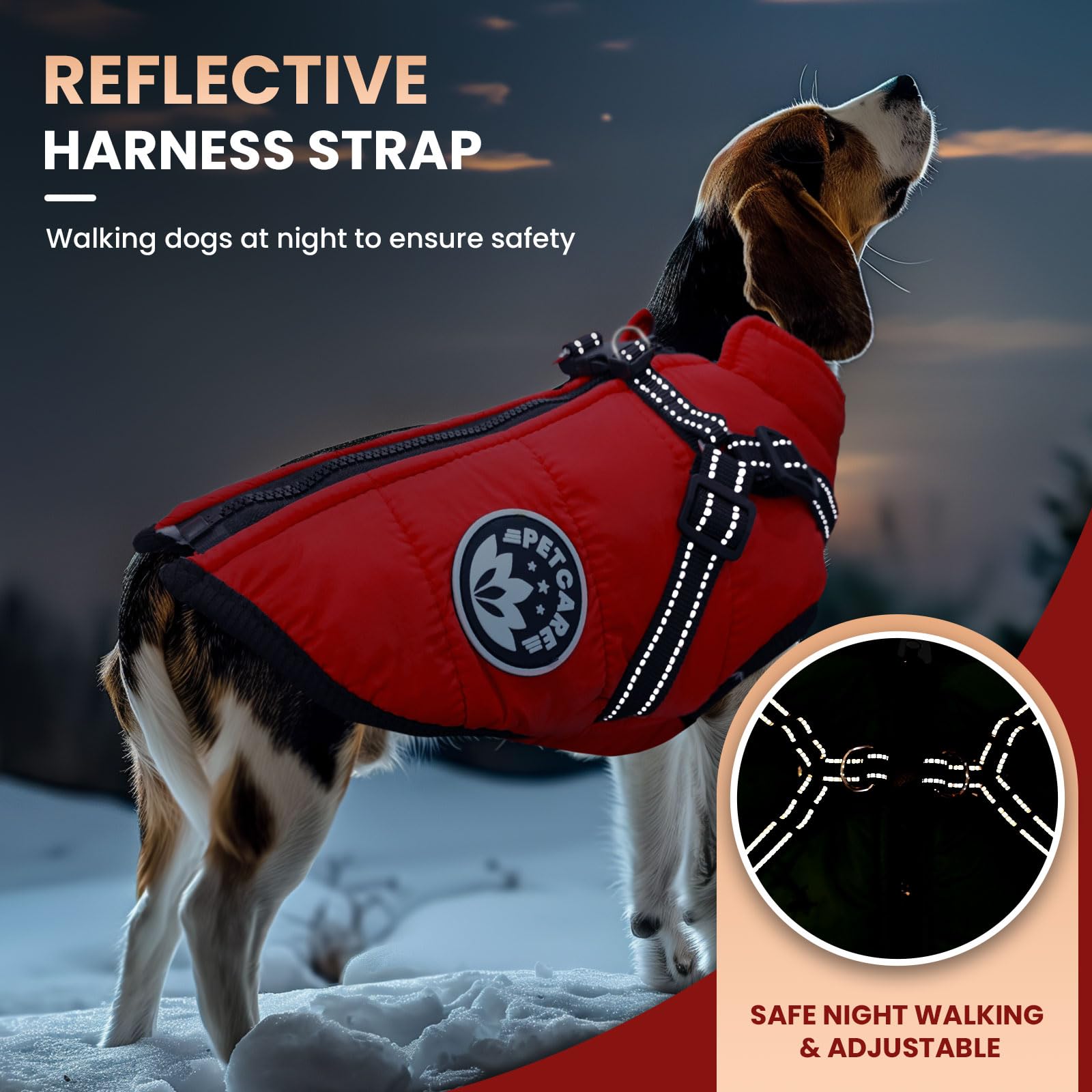 Petcare Winter Dog Coat reflection strap in low light improves visibility.