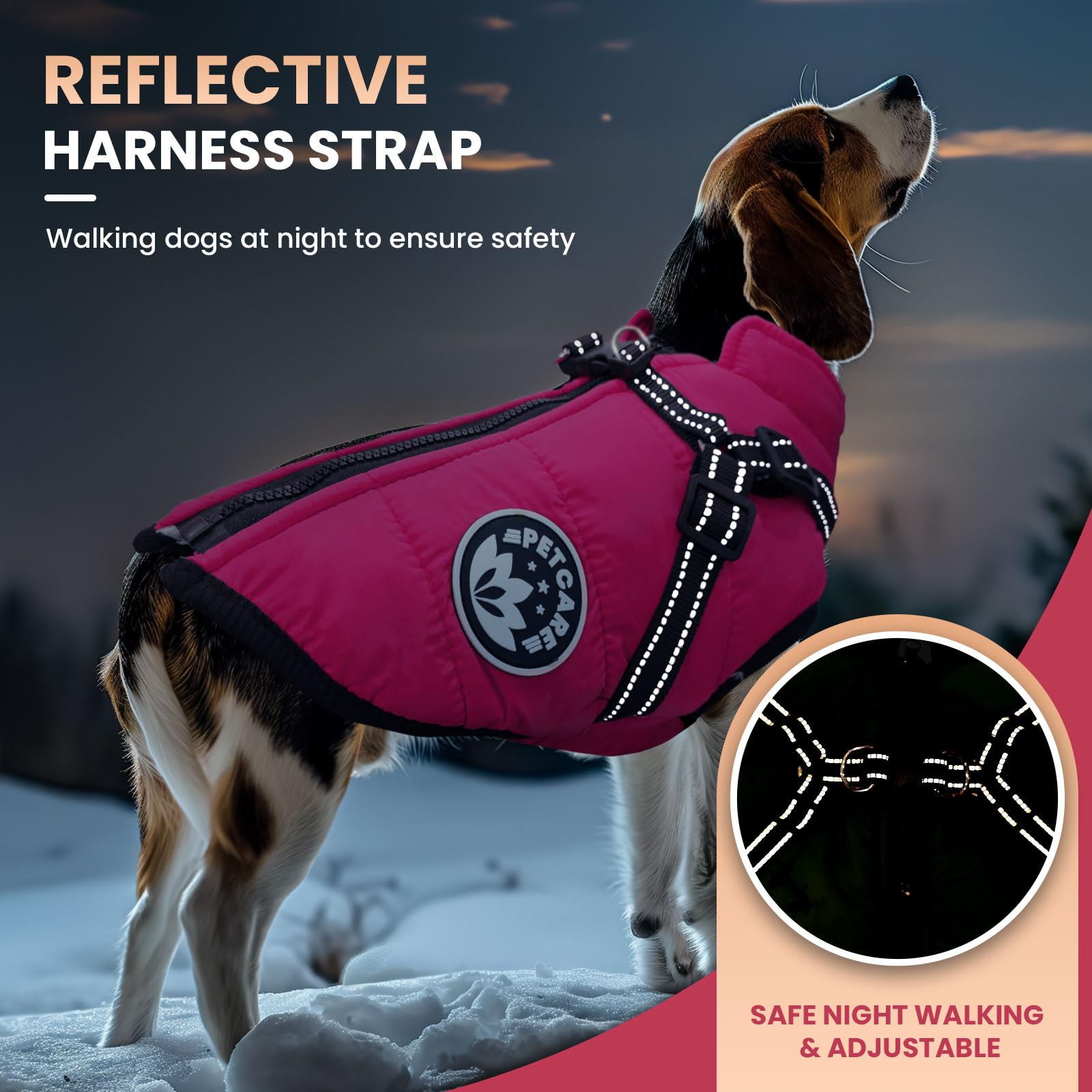 PetCare Winter Coat with reflective strap boosts visibility in low light.