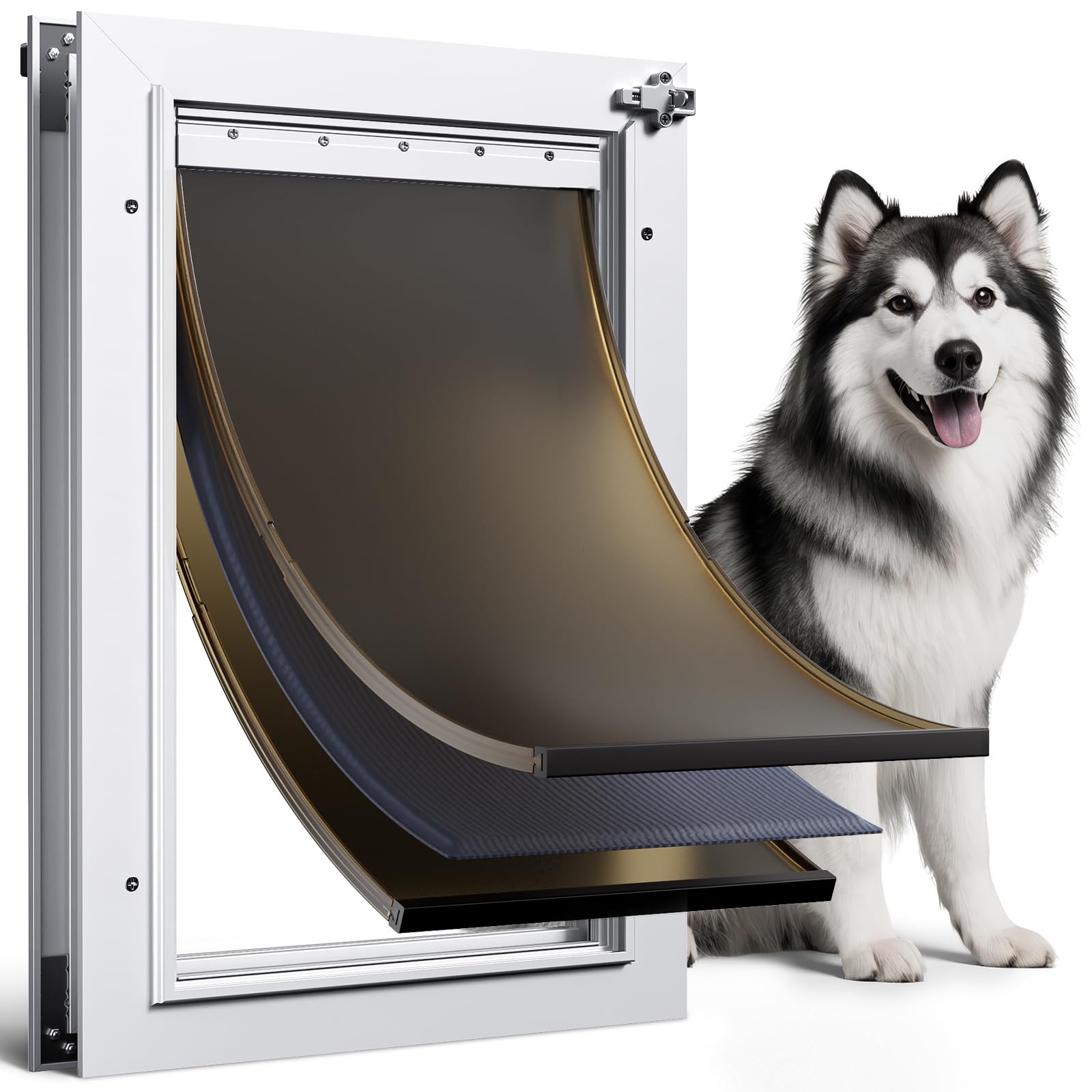 PETCOMING all-aluminum white frame dog door showing sturdy construction for daily pet access.