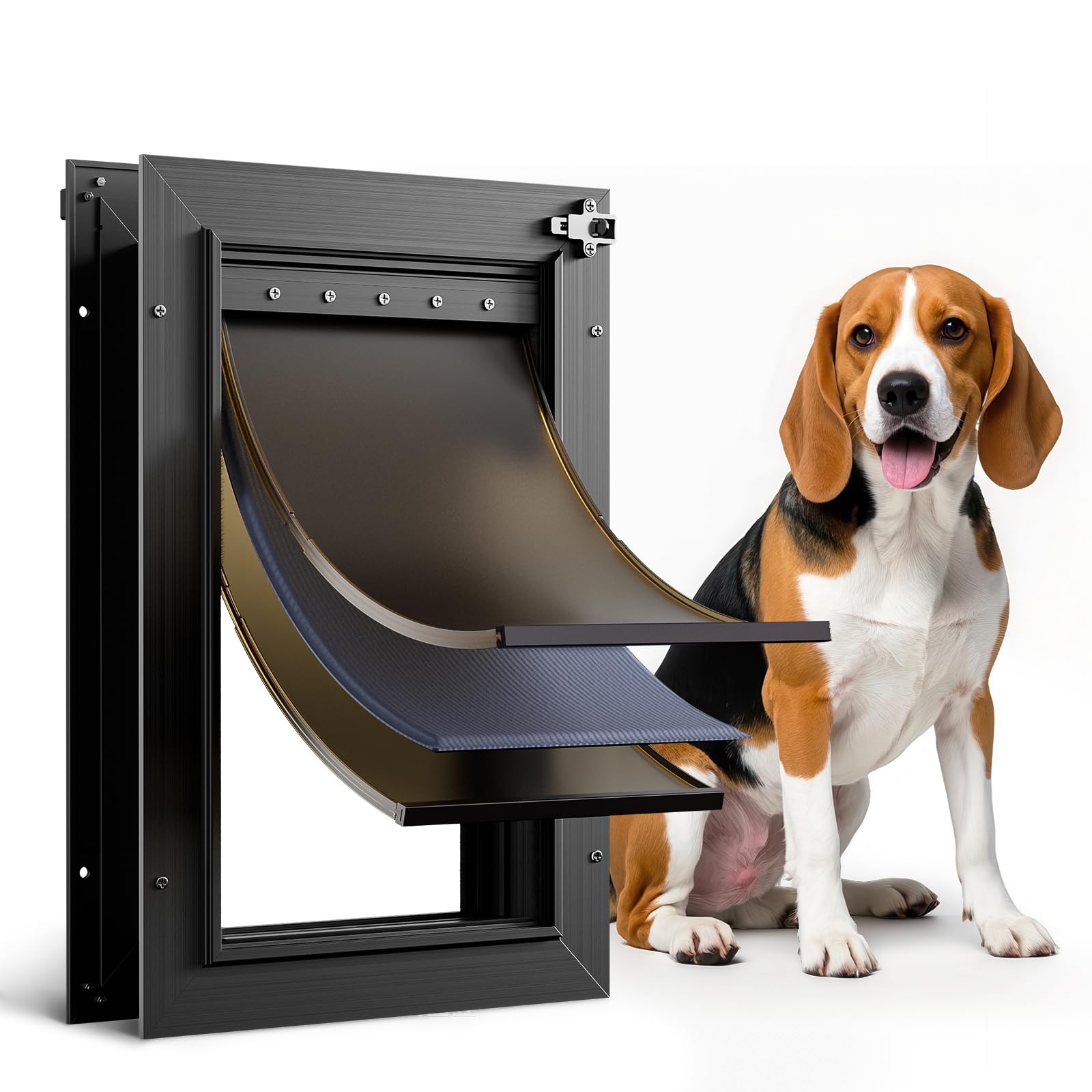 PETCOMING all-aluminum dog door with three flaps for durable indoor/outdoor use.
