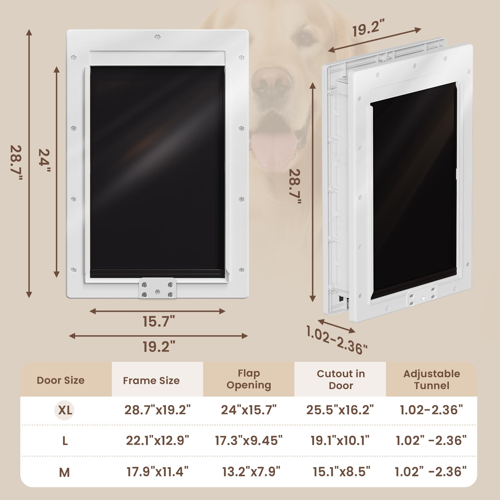 PETCOMING XL dog door shows two magnetic flaps closing snugly