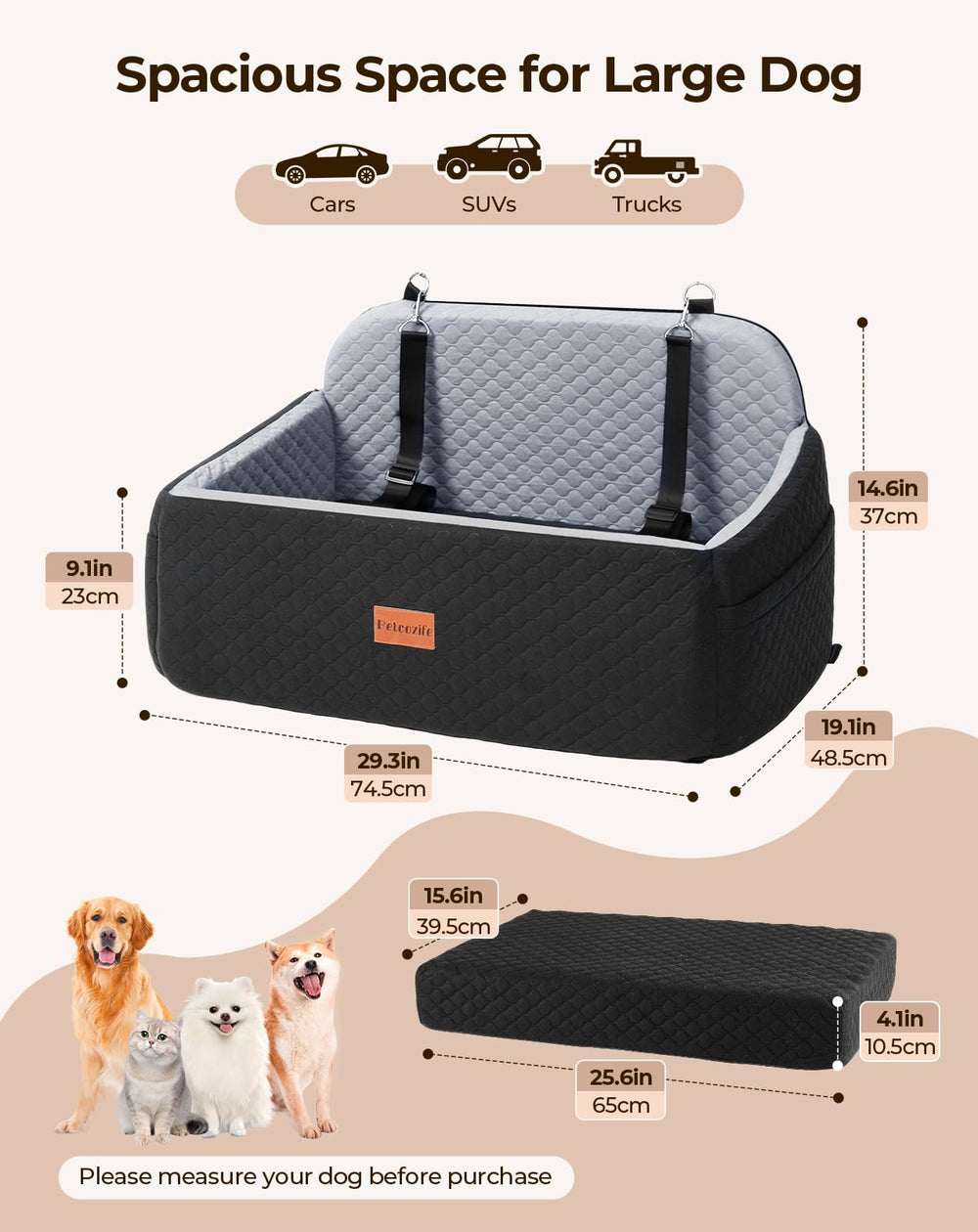 Petcozife dog car seat cushion-closeup highlights plush fabric and thick foam support