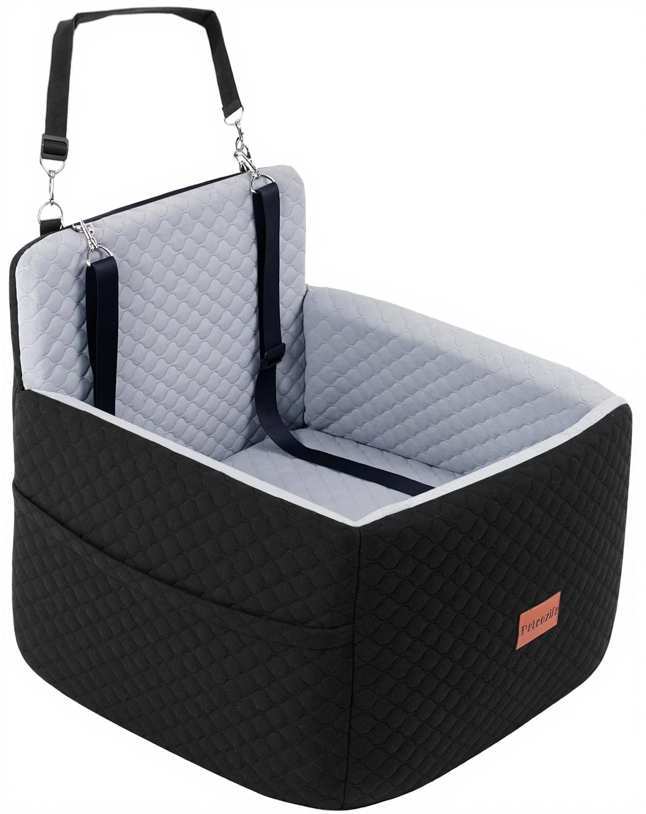 Petcozife dog car seat gray/black colorway fits modern cars