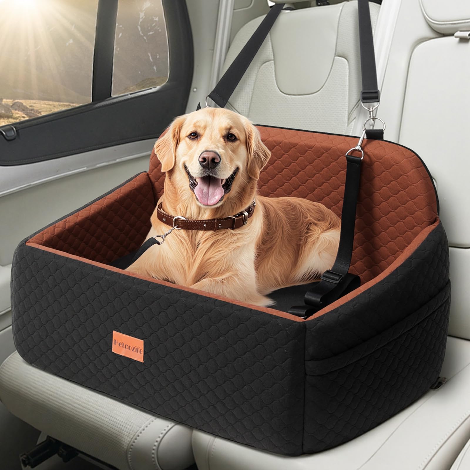 Petcozife dog car seat large front view demonstrates a secure travel booster.