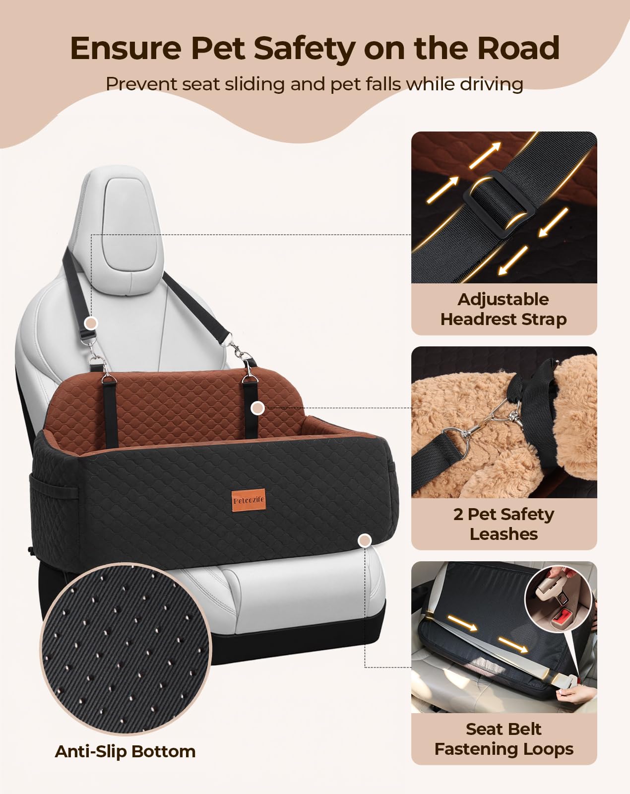 Petcozife dog car seat large safety leashes illustrate added restraint during rides.