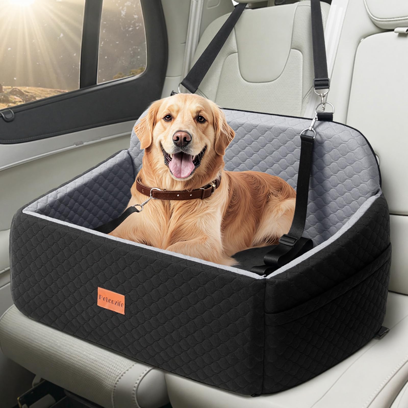 Petcozife dog car seat large-setup shows roomy booster for big dogs on road trips