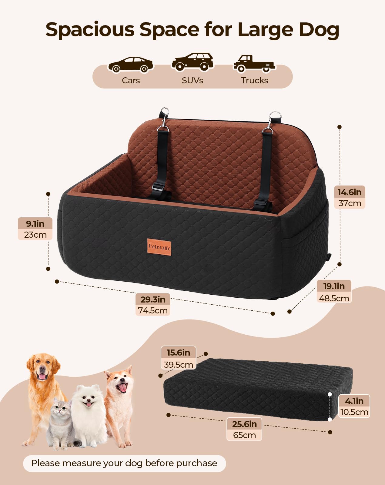 Petcozife dog car seat large side pocket highlights convenient storage on trips.