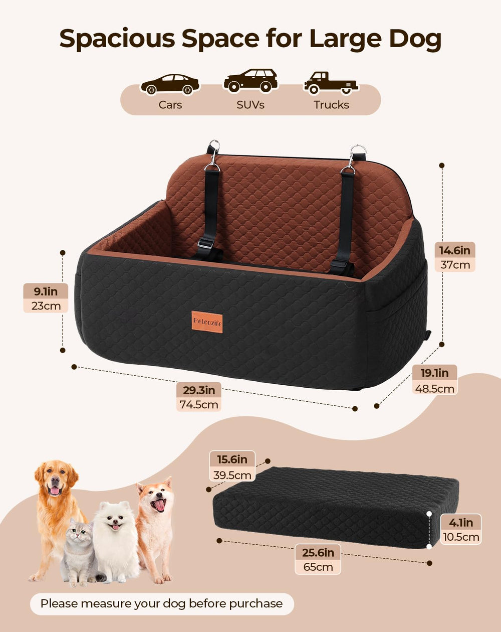 Petcozife dog car seat large side pocket highlights convenient storage on trips.
