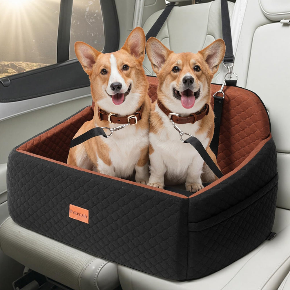 Petcozife dog car seat large storage pockets provide organization on trips.
