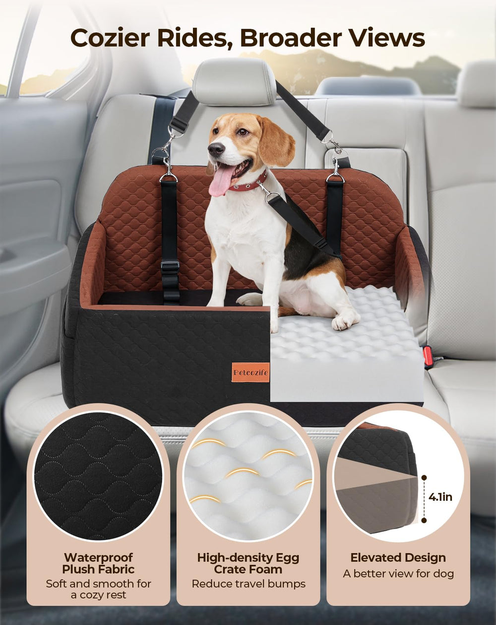 Petcozife dog car seat large washable cover shows easy cleaning after adventures.