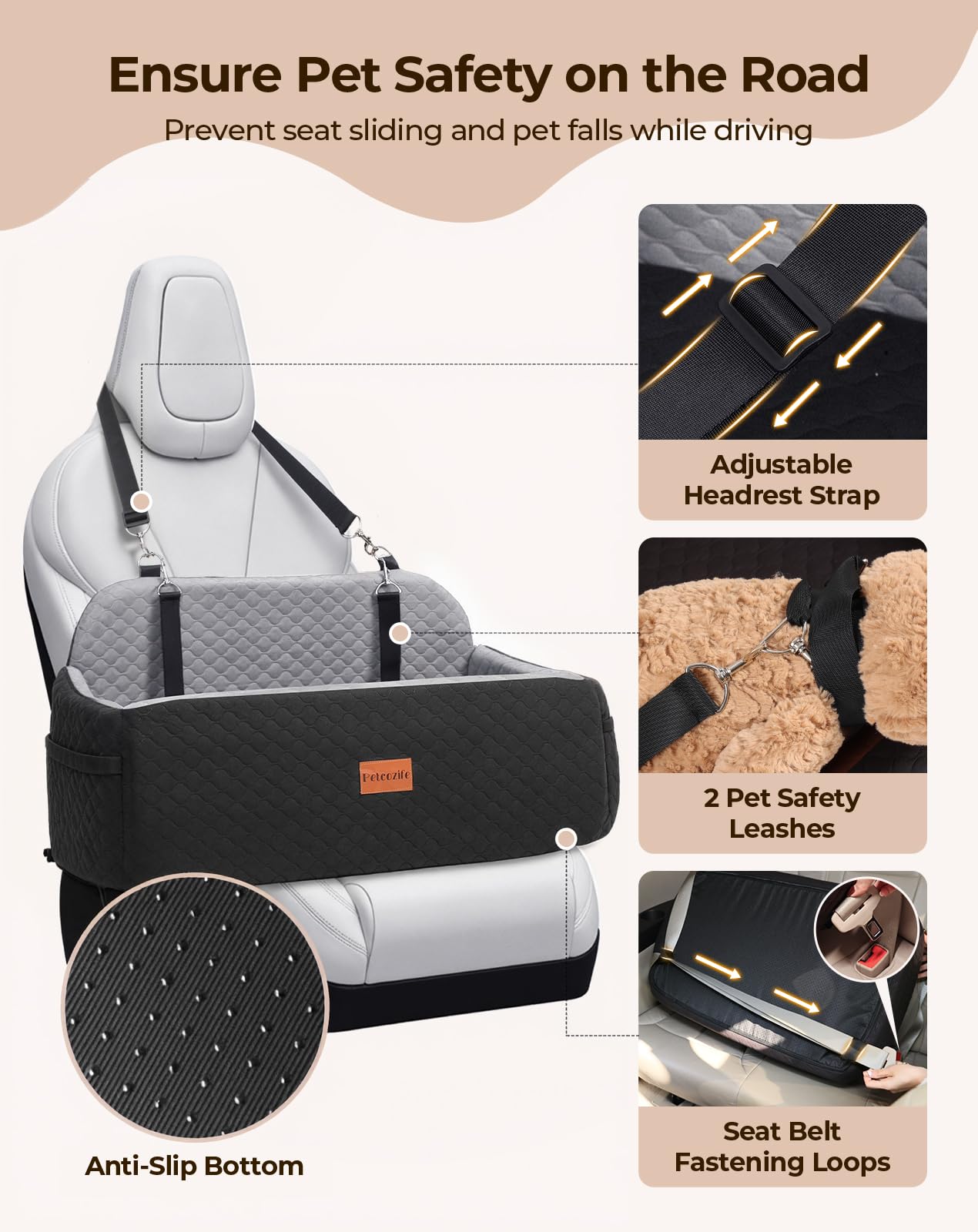 Petcozife dog car seat bottom-nonslip base keeps pets steady during drives