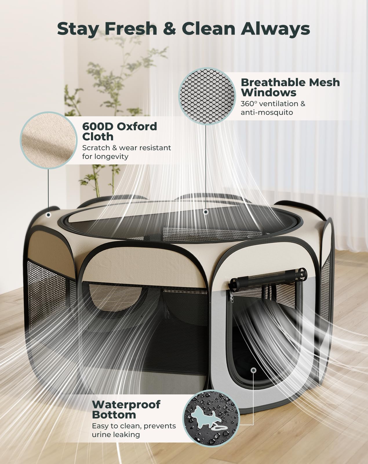 Petcozife mesh walls provide breathable visibility for supervision