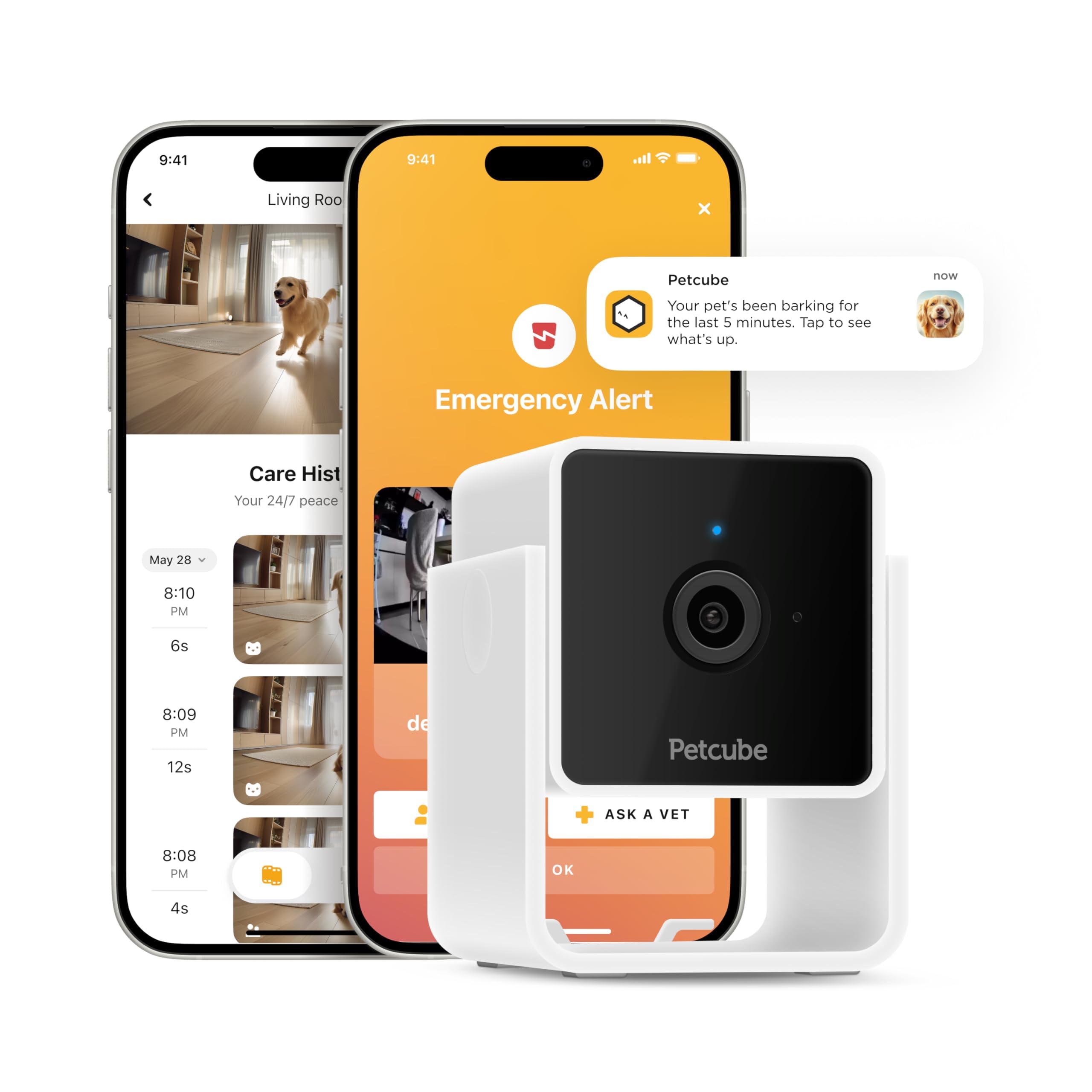 Petcube Cam front view for room-wide pet monitoring and home security.