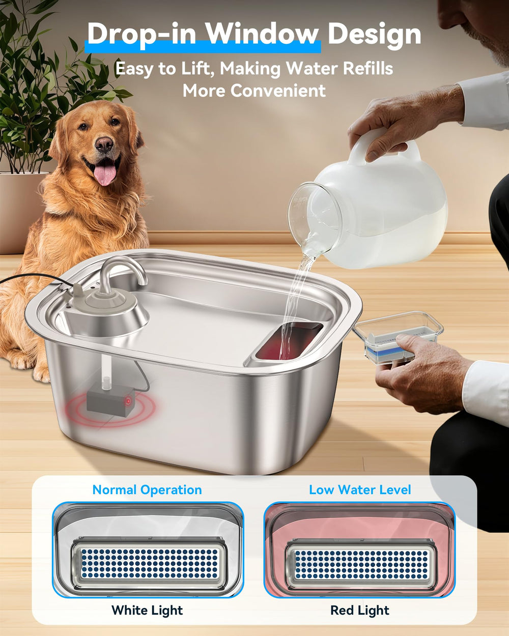PETDOTT large drinking area image emphasizes comfortable space for medium to large dogs.