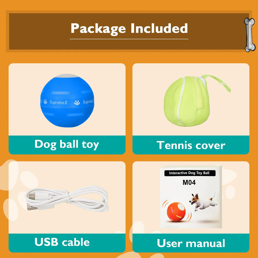 PetDroid interactive dog ball packaging includes ball, tennis cover, USB cable
