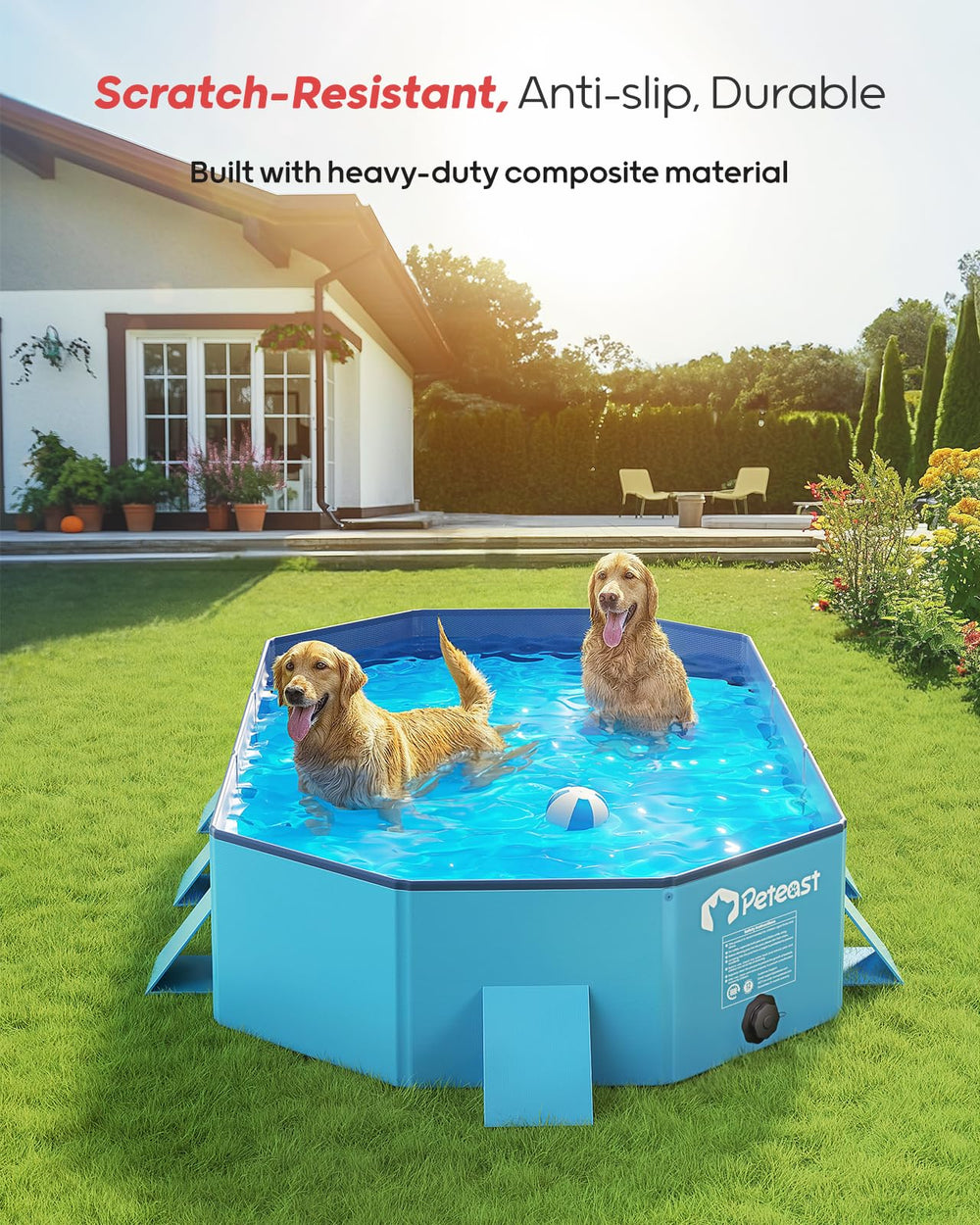 Peteast foldable dog pool large blue—stable sidewalls help keep water in.