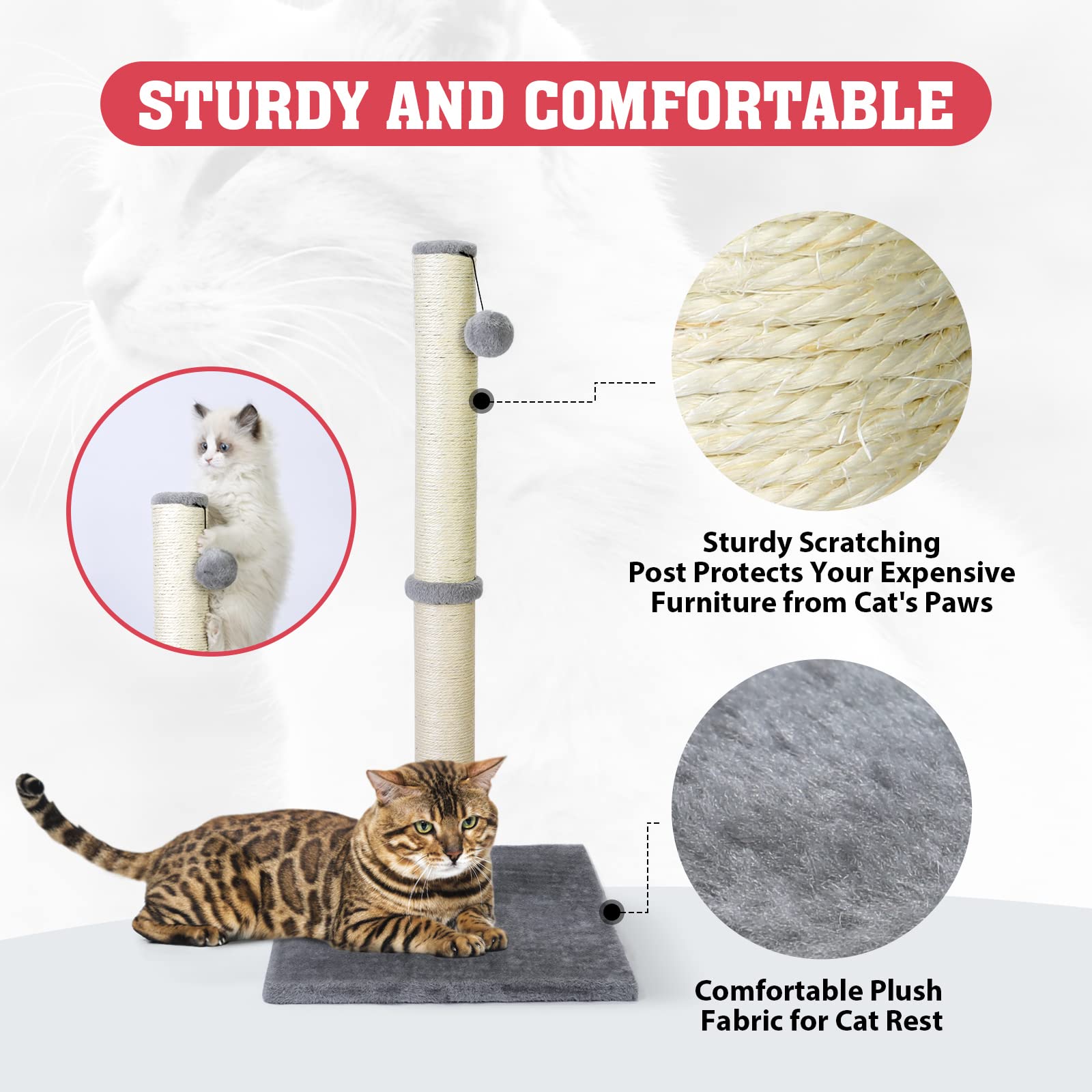 Petellow cat scratching post with hanging ball for interactive play.
