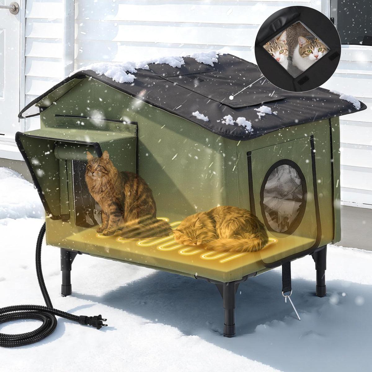 PETEMPO heated cat house exterior view, weatherproof shelter for winter warmth.