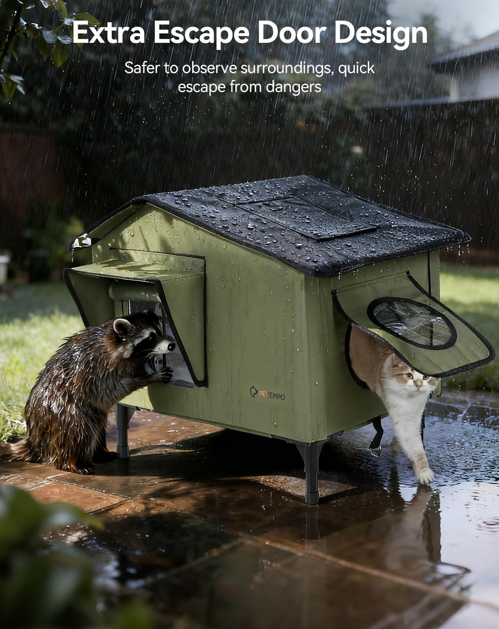 PETEMPO waterproof 900D Oxford fabric endures rain, with a sloped roof for runoff.