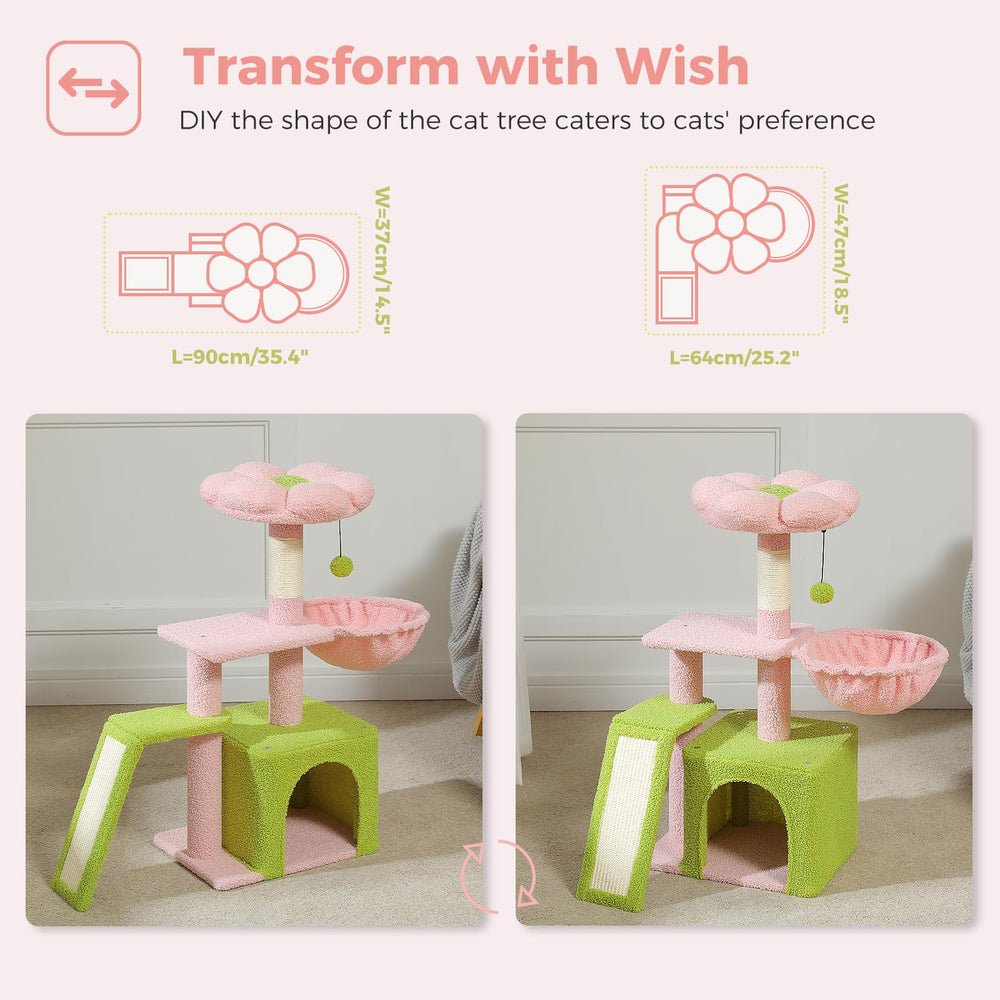 PETEPELA cat tree with sisal scratching ramp supports healthy claws and scratching fun.