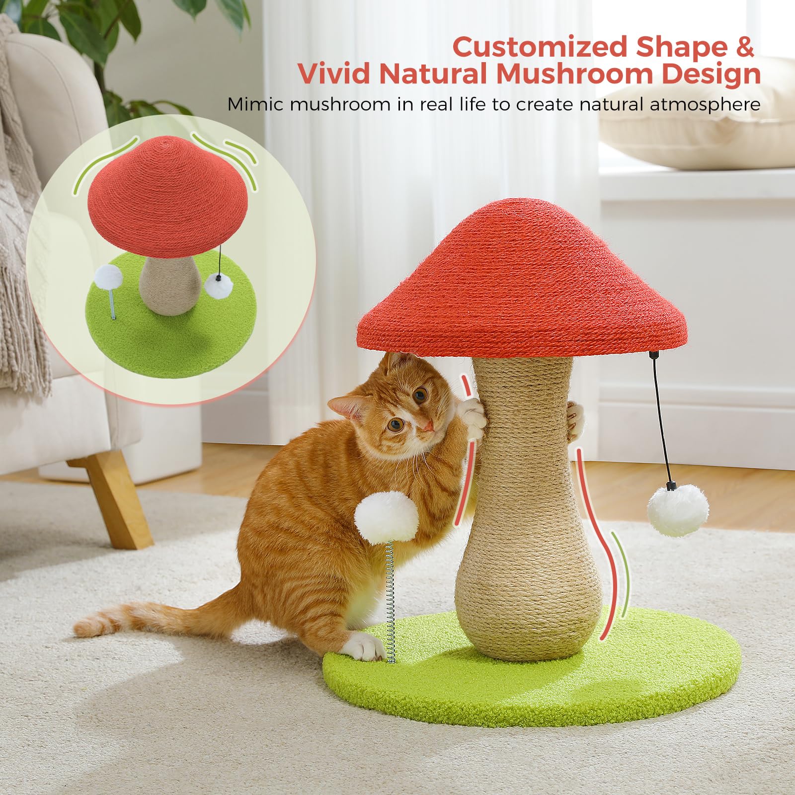 PETEPELA mushroom cat-sisal-cover provides durable texture for satisfying scratching instincts.