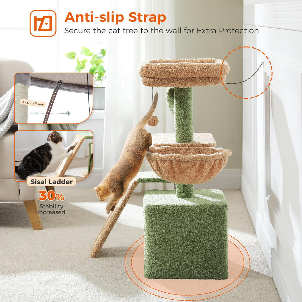PETEPELA compact indoor cat tree in green fits tight spaces without sacrificing play.